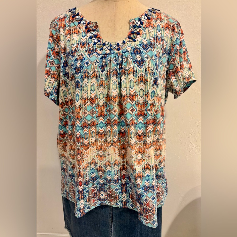 Ruby Rd. Multicolor Geometric Short Sleeve Top